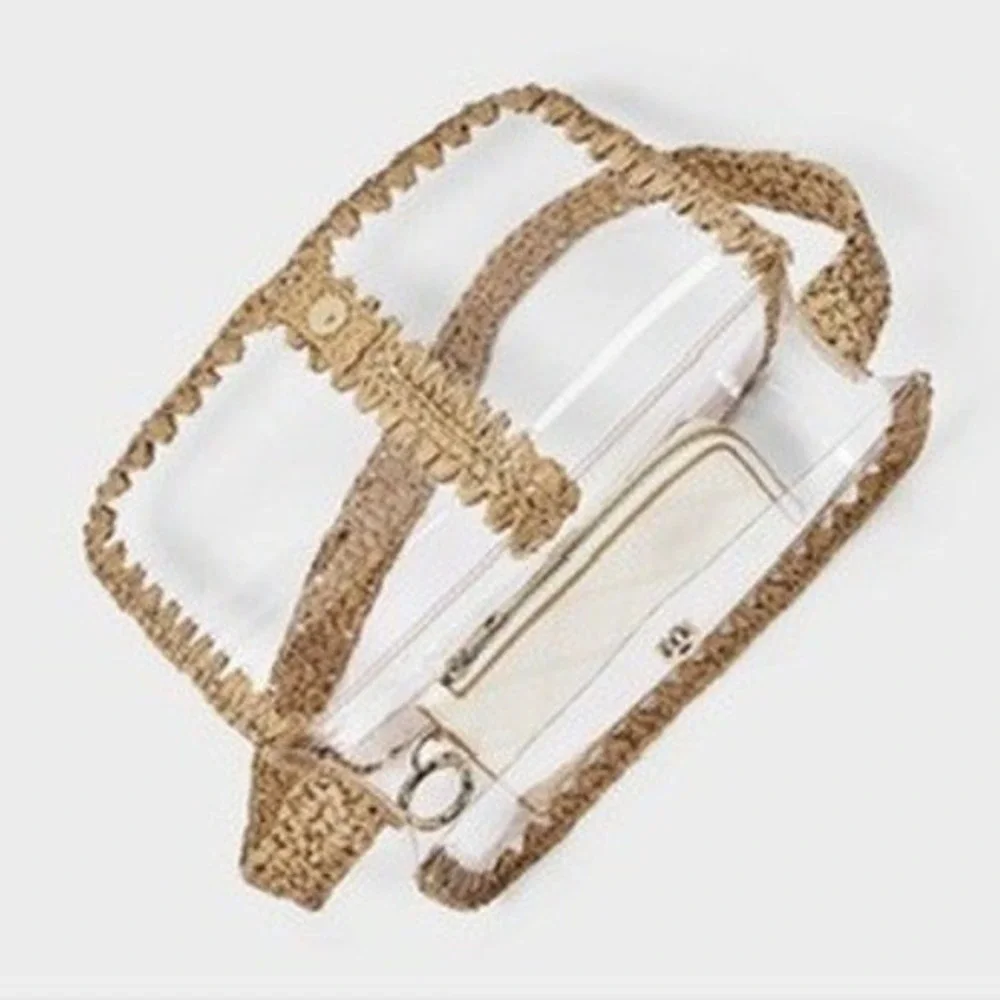 Universal Thread Clear Shoulder Bag Womens Small Tan Straw Trim NEW